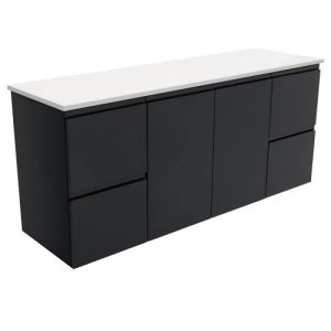 Fingerpull Satin Black 1500mm Double Bowl Wall-Hung Vanity with Stone top