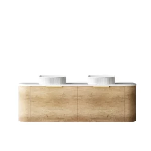 1500mm Bondi Natural Oak Wall Hung Vanity with Double Basin Stone Top