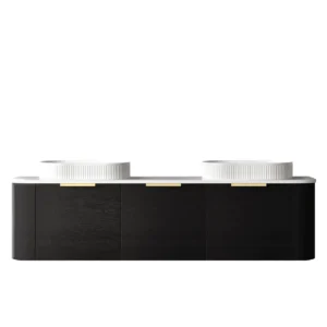 1800mm Bondi Black Oak Wall Hung Vanity with Double Basin Stone Top