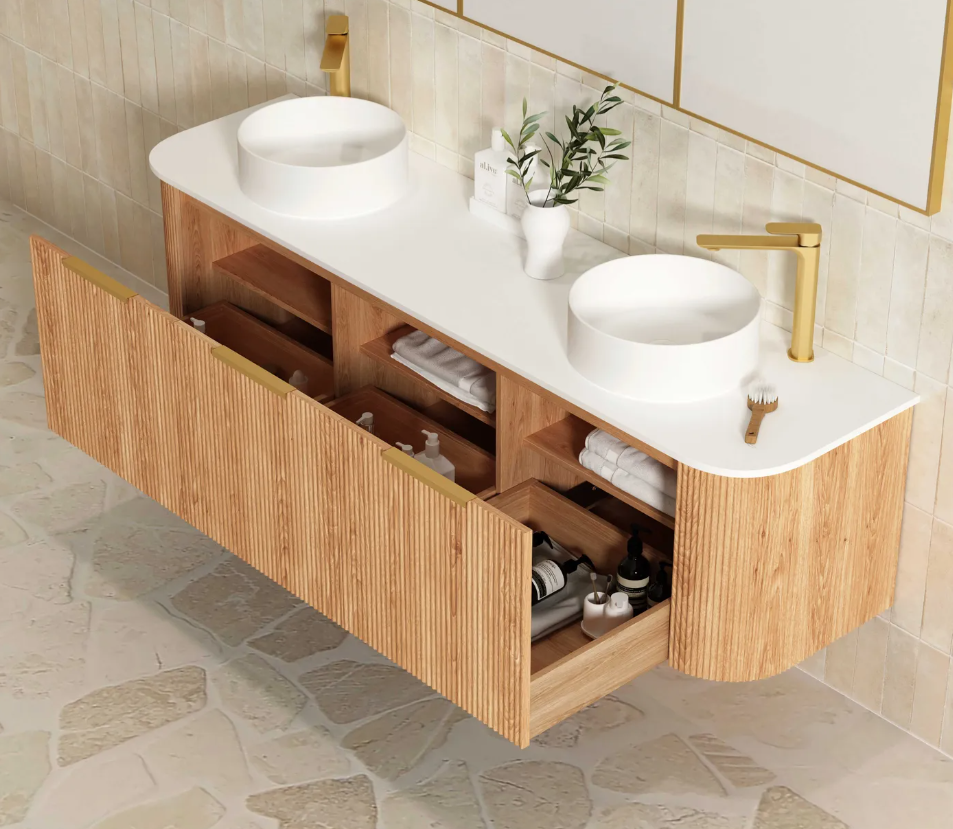 1800mm Bondi Woodland Oak Wall Hung Vanity with Double Basin Stone Top - Image 4