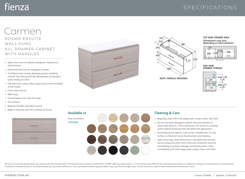 Carmen Ensuite All Drawer 900mm Wall Hung Vanity with Stone Top - Image 7