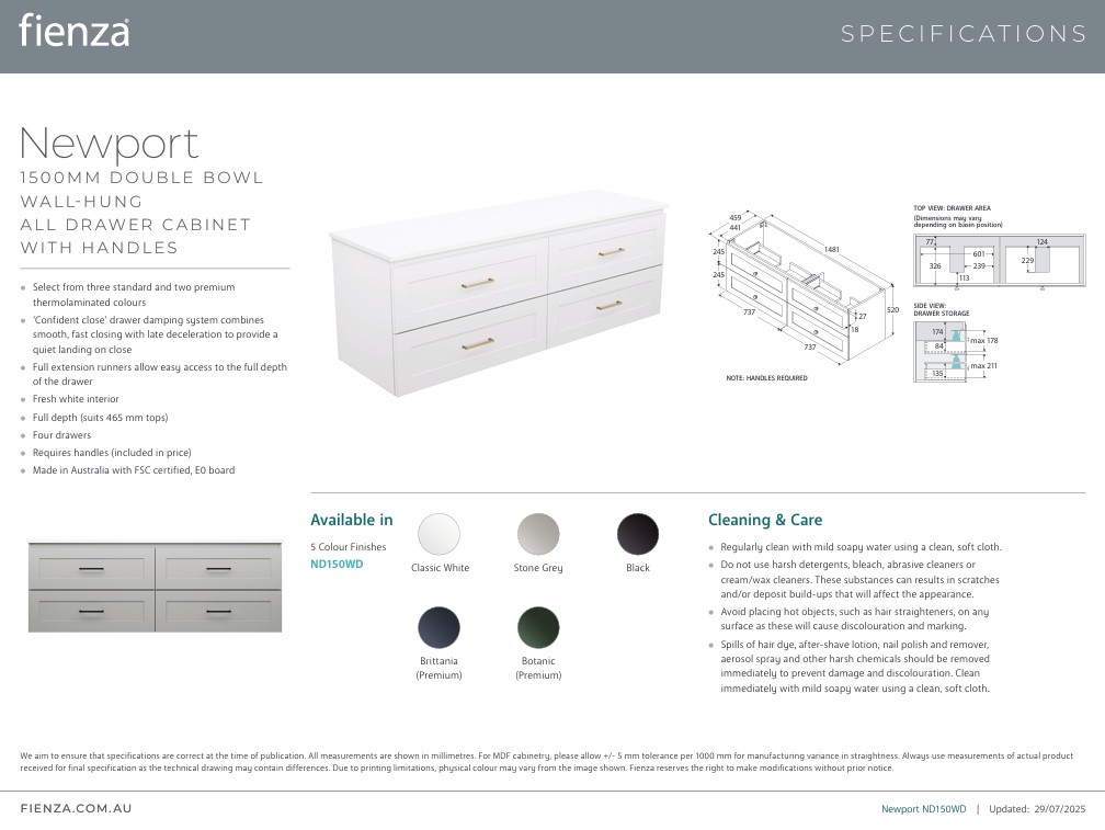 Newport All Drawer 1500mm Double Bowl Wall hung Vanity with Solid Surface Top - Image 6