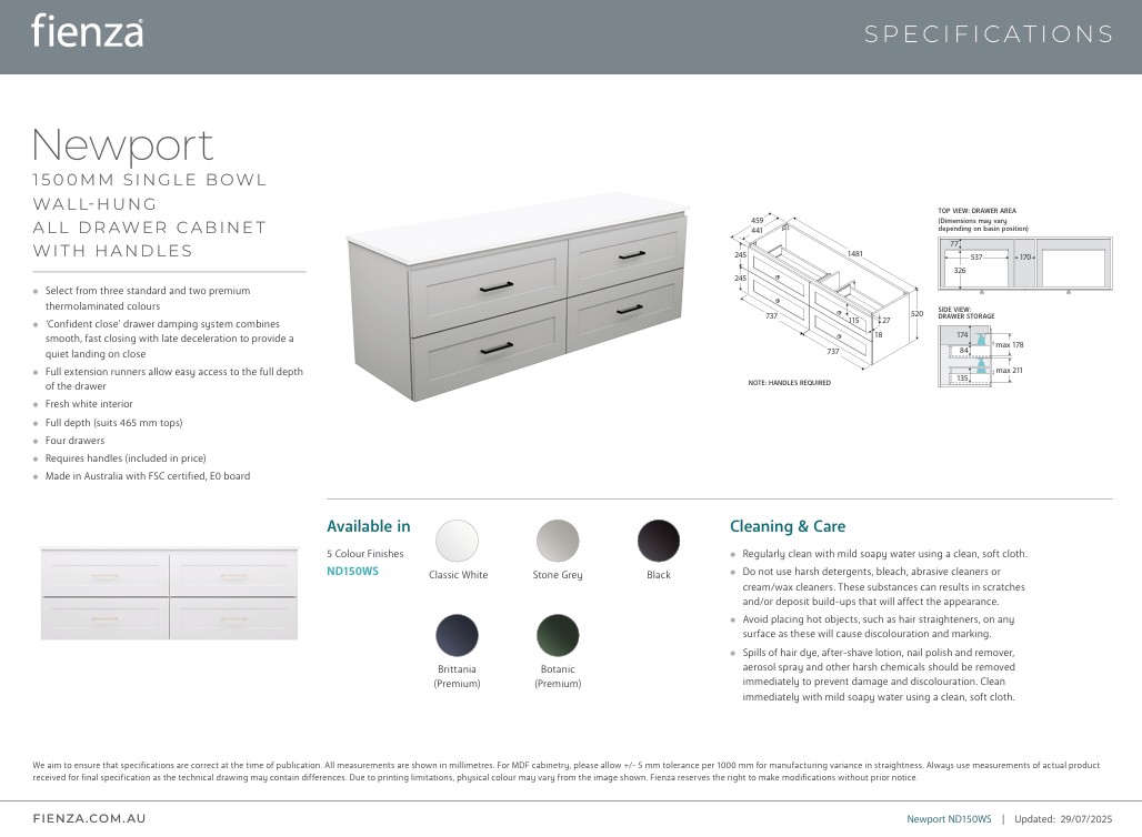 Newport All Drawer 1500mm Single Bowl Wall hung Vanity with Solid Surface Top - Image 6