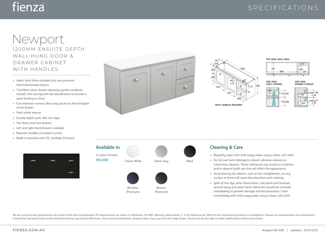 Newport Ensuite Door & Drawer 1200mm Wall Hung Vanity with Solid Surface Top - Image 6