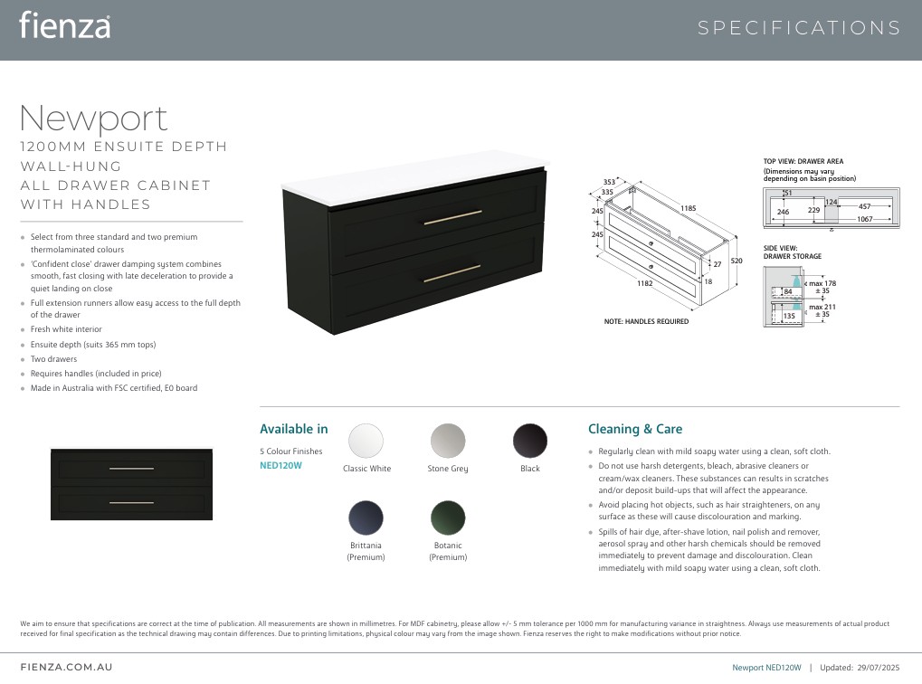 Newport Ensuite All Drawer 1200mm Wall Hung Vanity with Stone Top - Image 6