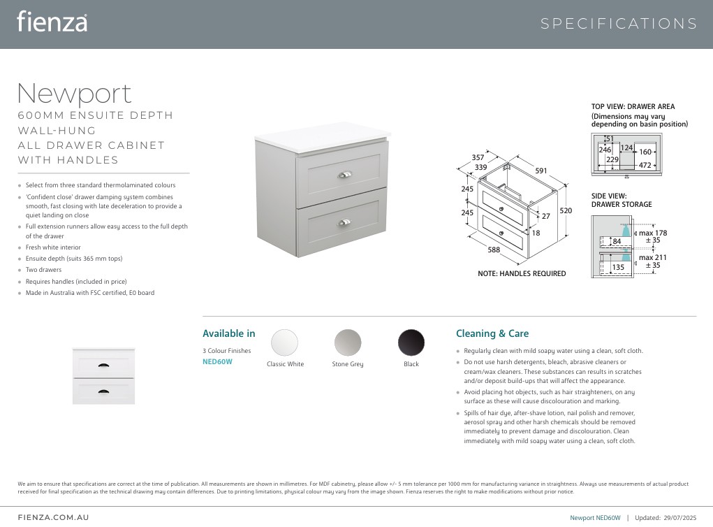 Newport Ensuite All Drawer 600mm Wall Hung Vanity with Stone Top - Image 6