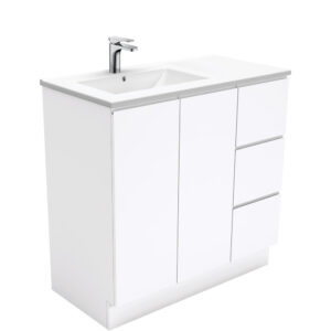 Dolce Fingerpull Gloss White 900mm Offset Vanity on Kickboard