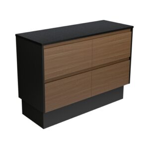 Amato Walnut 1200mm Vanity on Kickboard with Satin Black Panels and Concrete