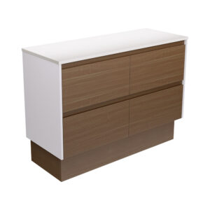 Amato Walnut 1200mm Vanity on Kickboard with Satin White Panels and Stone