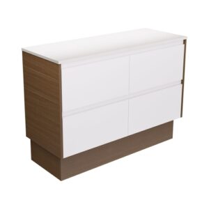 Amato Satin White 1200mm Vanity on Kickboard with Walnut Panels and Concrete
