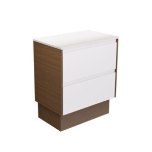 Amato Satin White 750mm Vanity on Kickboard with Walnut Panels and Concrete