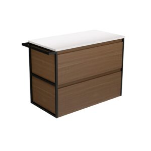 Amato Walnut 900mm Wall-Hung Vanity with Matte Black Towel Rail and Concrete Top