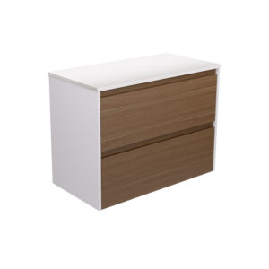 Amato Walnut 900mm Wall-Hung Vanity with Satin White Panels and Concrete