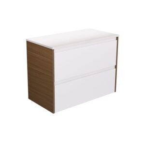 Amato Satin White 900mm Wall-Hung Vanity with Walnut Panels and Concrete