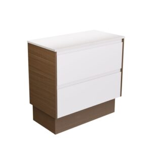 Amato Satin White 900mm Vanity on Kickboard with Walnut Panels and Solid Surface