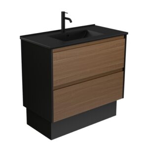 Dolce Matte Black Amato Walnut 900mm Vanity on Kickboard with Satin Black Panels