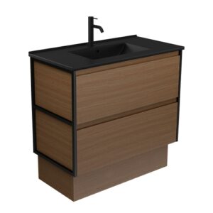 Dolce Matte Black Amato Walnut 900mm Vanity on Kickboard with Matte Black Frames