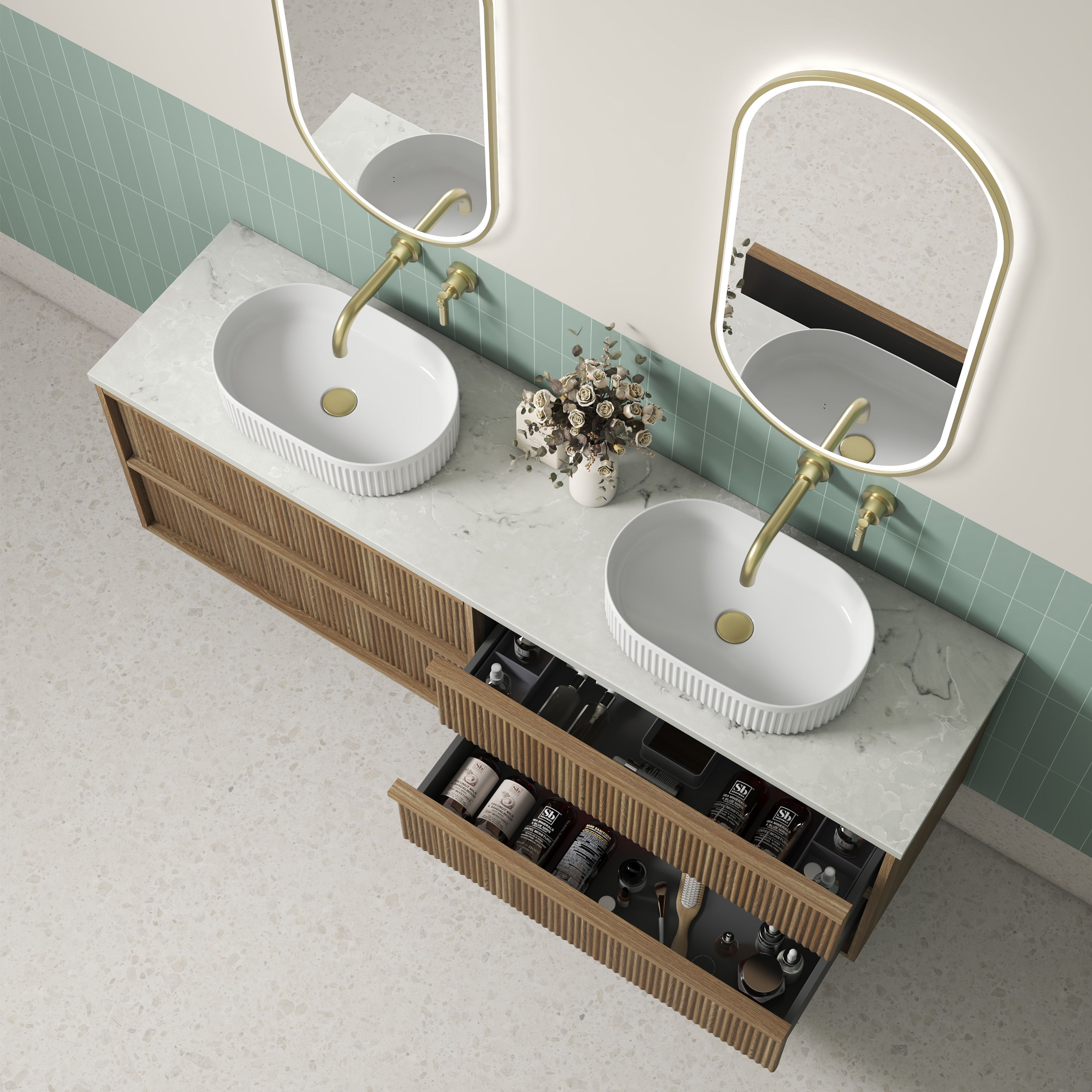 1800mm Venetta Fluted Framed Wall Hung Vanity with Stone Top - Image 2