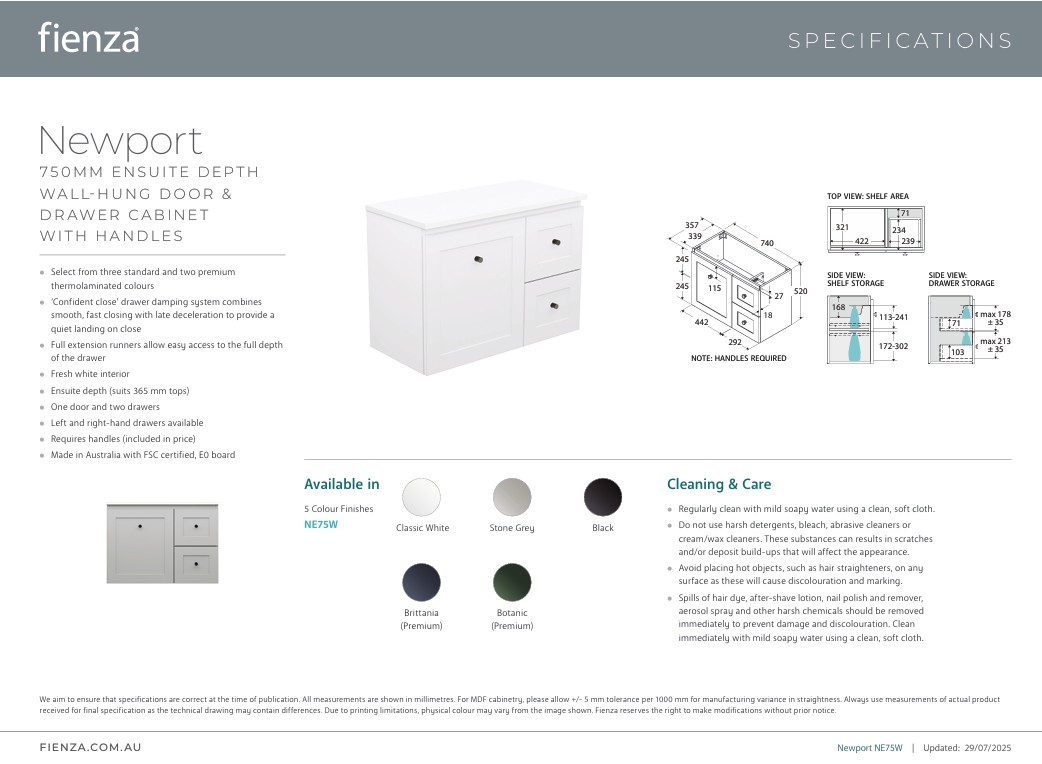 Newport Ensuite Door & Drawer 750mm Wall Hung Vanity with Solid Surface Top - Image 6