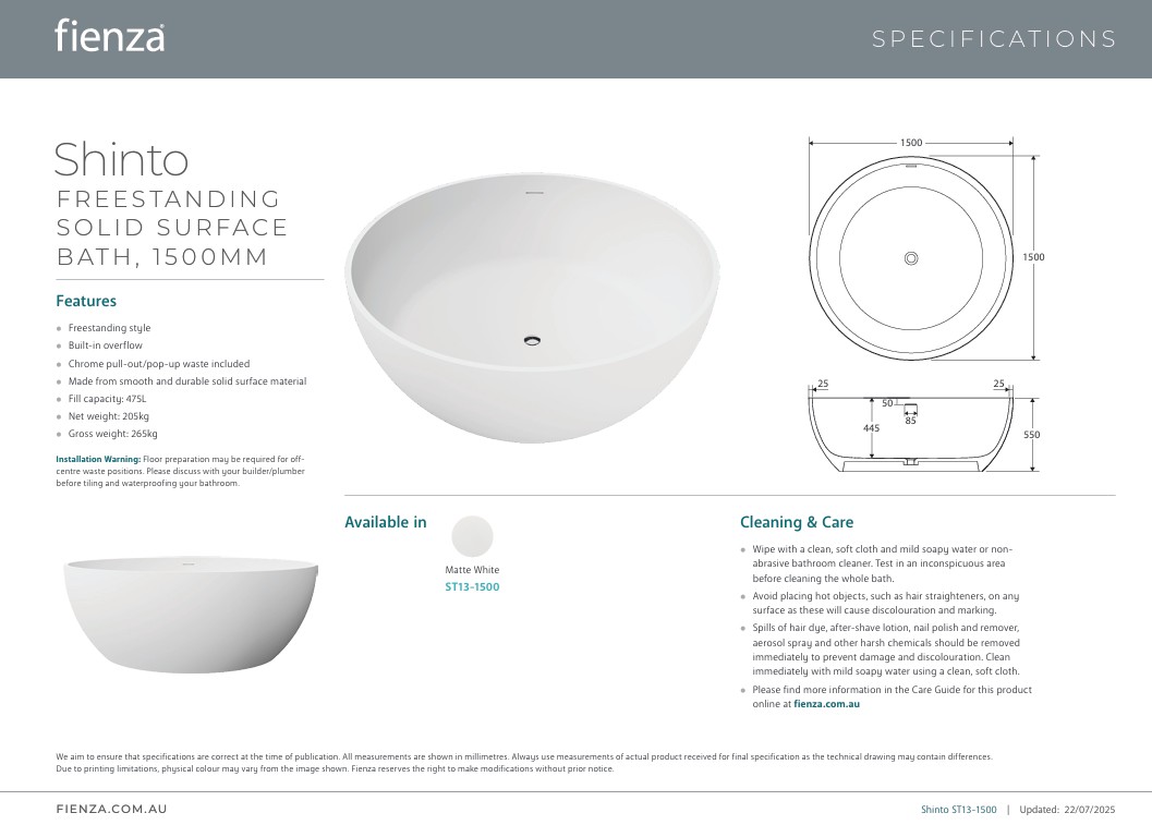 1500mm Shinto Solid Surface Freestanding Bath - Image 6
