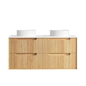 Byron Fluted 1200mm Woodland Oak Wall Hung Vanity with Double Basin Stone Top