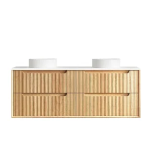 Byron Fluted 1500mm Woodland Oak Wall Hung Vanity with Double Basin Stone Top