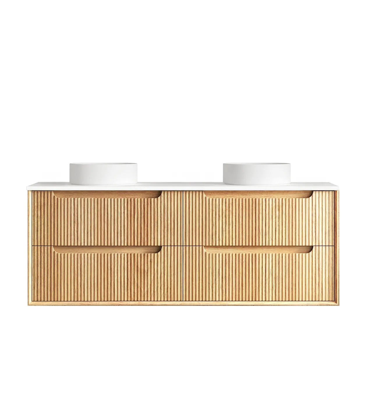 Byron Fluted 1500mm Woodland Oak Wall Hung Vanity with Double Basin Stone Top