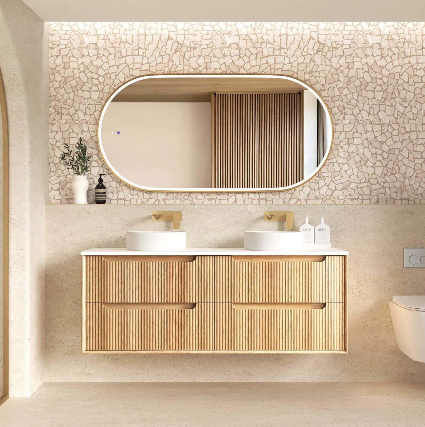 Byron Fluted 1500mm Woodland Oak Wall Hung Vanity with Double Basin Stone Top - Image 2