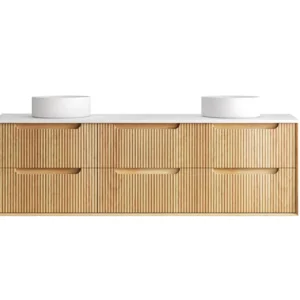 Byron Fluted 1800mm Woodland Oak Wall Hung Vanity with Double Basin Stone Top