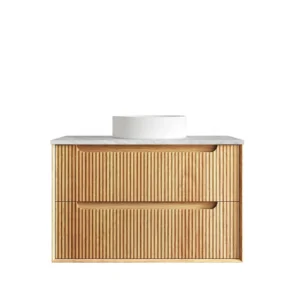 Byron Fluted 900mm Woodland Oak Wall Hung Vanity with Stone Top