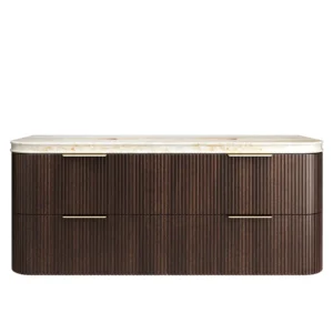 Havana Fluted 1500mm Sable Walnut Wall Hung Curve Vanity with 50mm Double Basin Sand Dune Stone Top