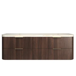 Havana Fluted 1800mm Sable Walnut Wall Hung Curve Vanity with 50mm Double Basin Sand Dune Stone Top