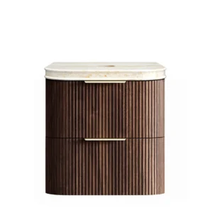 Havana Fluted 600mm Sable Walnut Wall Hung Curve Vanity with 50mm Sand Dune Stone Top