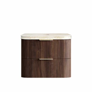 Havana Fluted 750mm Sable Walnut Wall Hung Curve Vanity with 50mm Sand Dune Stone Top