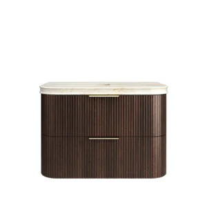 Havana Fluted 900mm Sable Walnut Wall Hung Curve Vanity with 50mm Sand Dune Stone Top