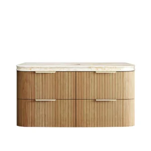 Havana Fluted 1200mm Woodland Oak Wall Hung Curve Vanity with 50mm Sand Dune Stone Top