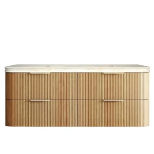 Havana Fluted 1500mm Woodland Oak Wall Hung Curve Vanity with 50mm Double Basin Sand Dune Stone Top