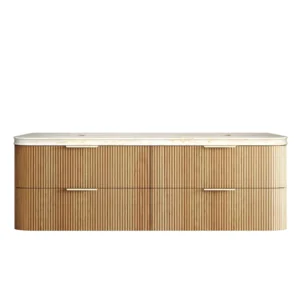 Havana Fluted 1800mm Woodland Oak Wall Hung Curve Vanity with 50mm Double Basin Sand Dune Stone Top