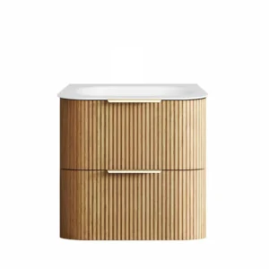Havana Fluted 600mm Woodland Oak Wall Hung Curve Vanity with Chloe Solid Surface Top