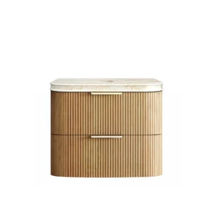 Havana Fluted 750mm Woodland Oak Wall Hung Curve Vanity with 50mm Sand Dune Stone Top
