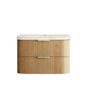 Havana Fluted 900mm Woodland Oak Wall Hung Curve Vanity with 50mm Sand Dune Stone Top