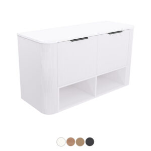 Margot Curved 1200mm Wall Hung Double Bowl Vanity with Open Shelf and Solid Surface Top