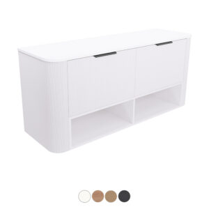 Margot Curved 1500mm Wall Hung Double Bowl Vanity with Open Shelf and Solid Surface Top