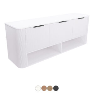 Margot Curved 1800mm Wall Hung Double Bowl Vanity with Open Shelf and Solid Surface Top